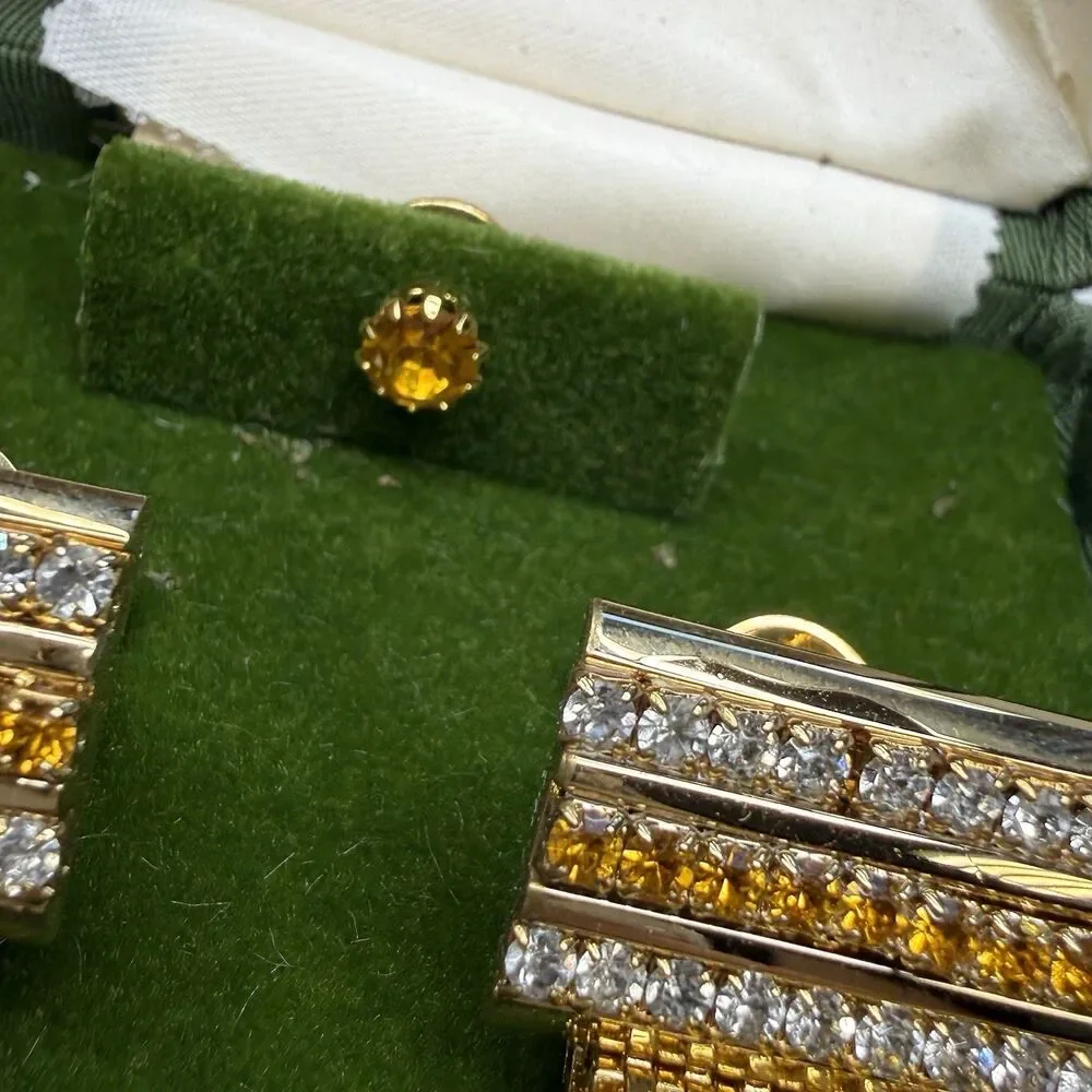 Vintage Executive Gold Tone Rhinestone Cuff Links & Tie Tack Matching Set New